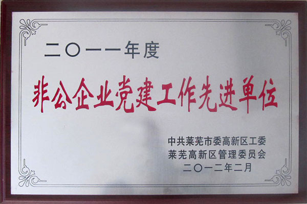 2012年2月被中共莱芜市委高新区工委评为“2011年度非公企业党建工作先进单位”